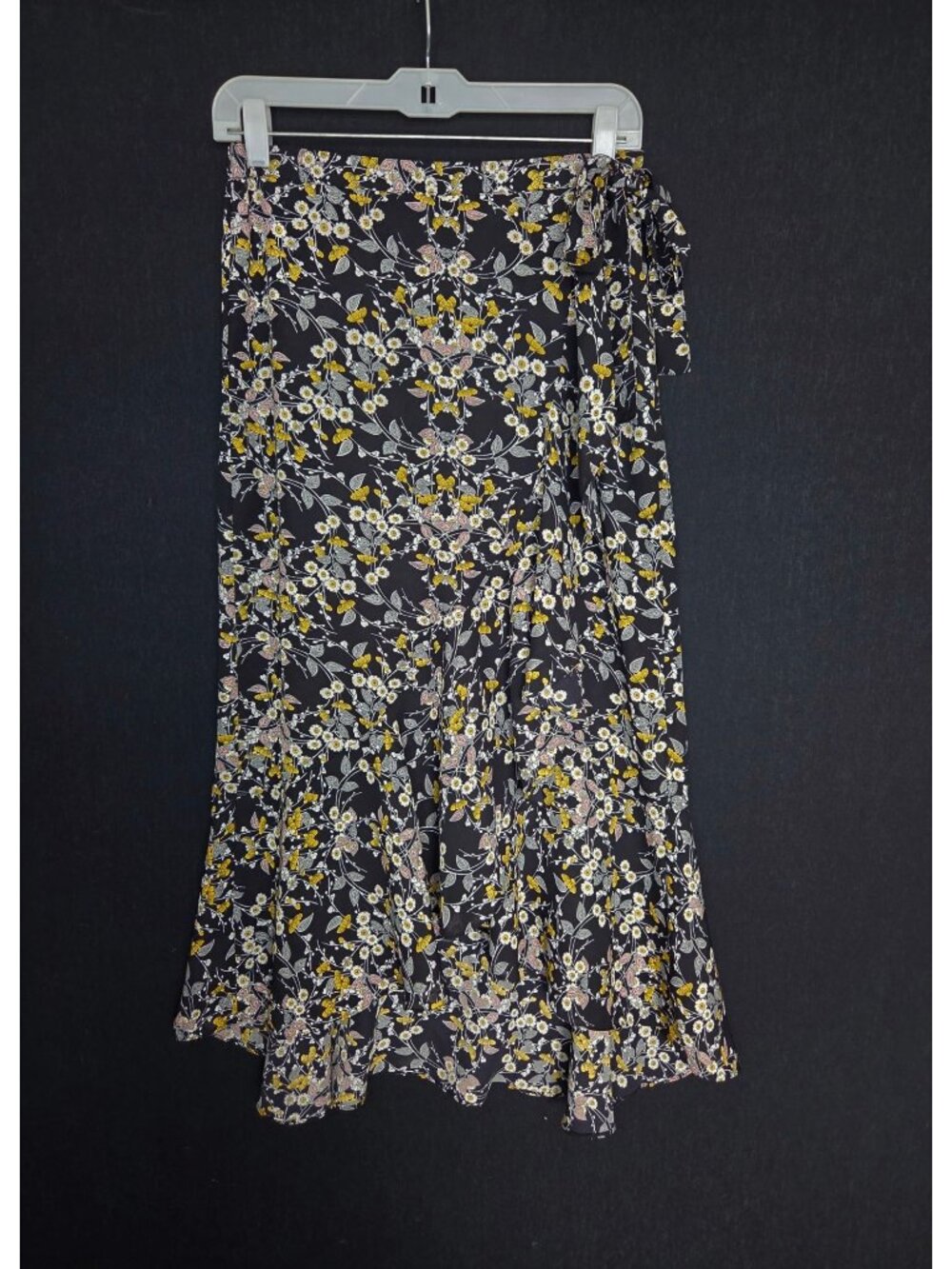 💙 Max Studio Black Floral Ruffle Wrap Midi Skirt Size S/M Side Tie Boho Cottage